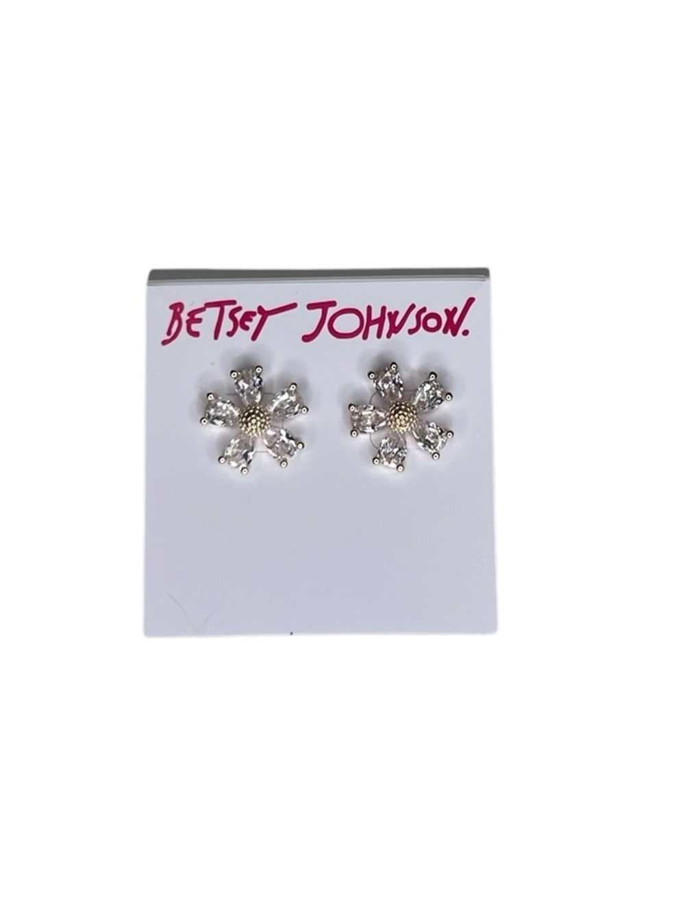 Betsey Johnson Silver Flower Crystal Stud Earrings NWT
